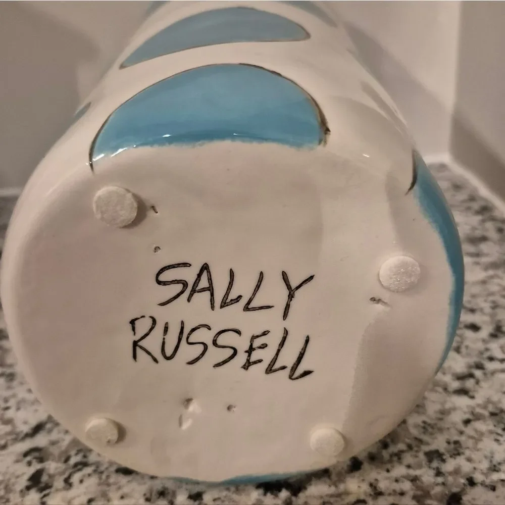 Artist signed Rare SALLY RUSSELL  Pottery Vase Circles Aqua Blue